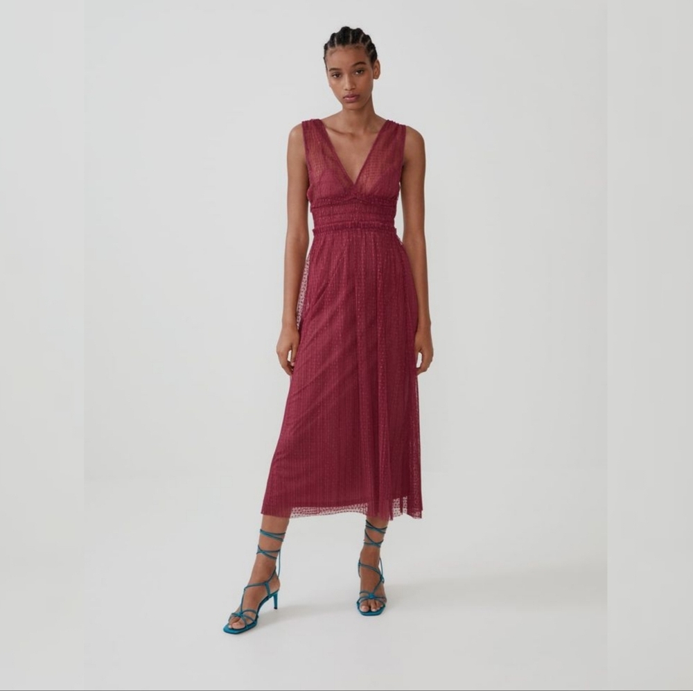 Zara Swiss Dot Burgundy Tulle Mesh Midi Maxi Dress Size Small